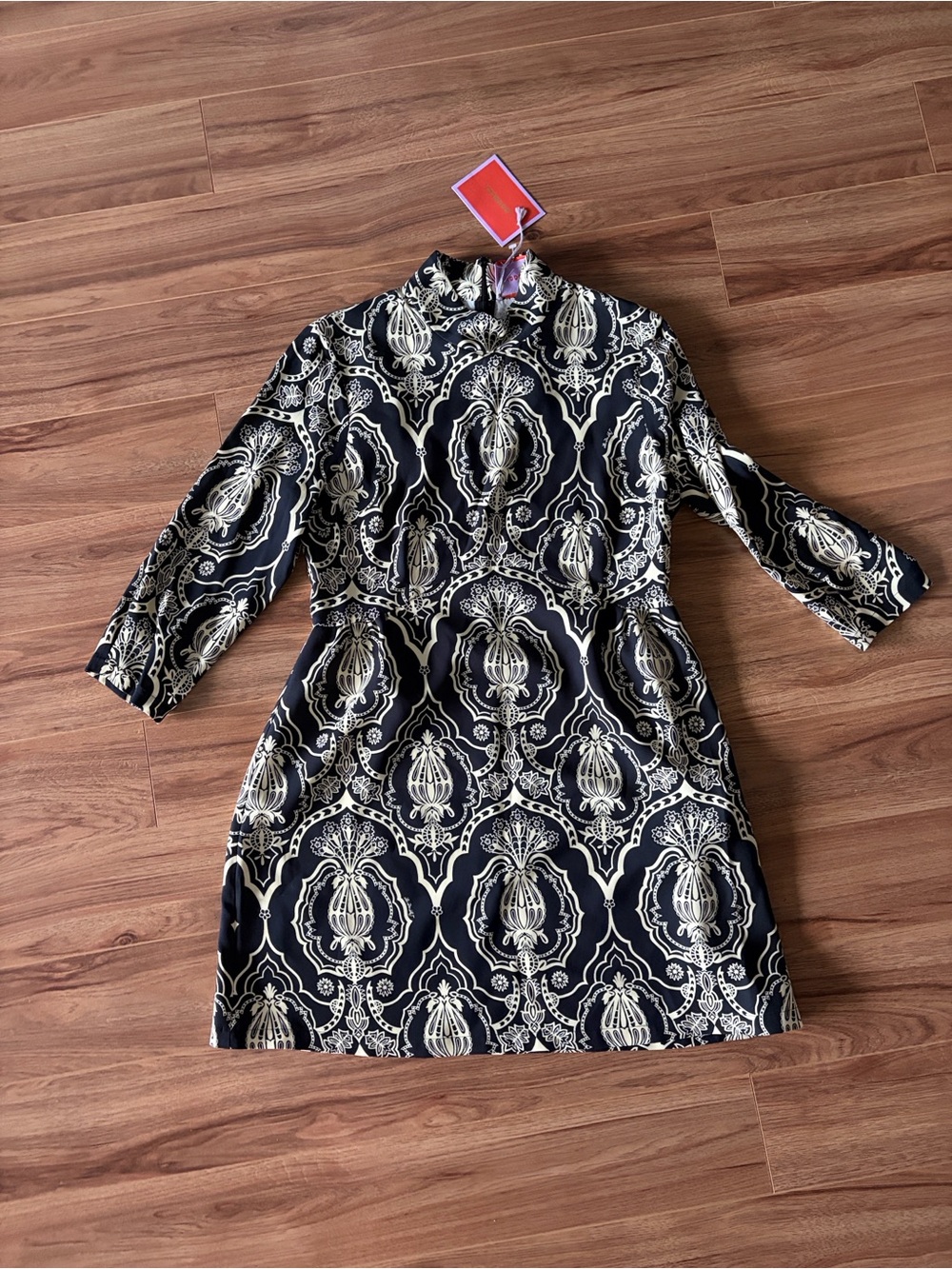 LA DoubleJ Black Dress with Cream Ornamental Medallion Print